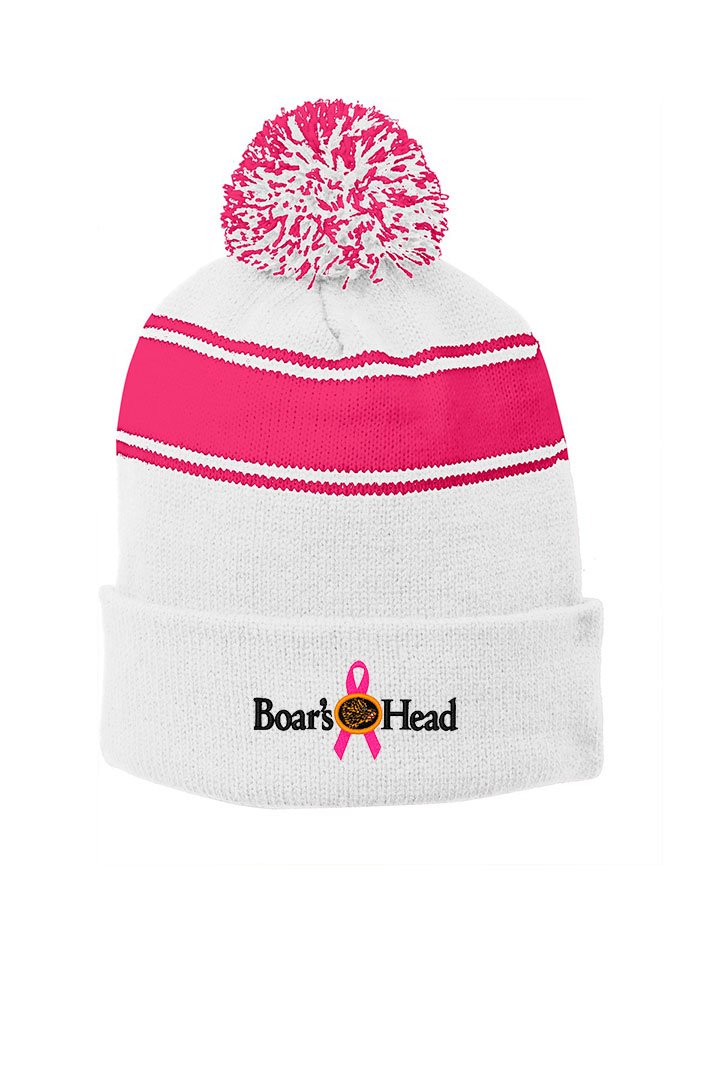 Sport-Tek® Stripe Pom Pom Beanie (Breast Cancer Awareness LOGO)